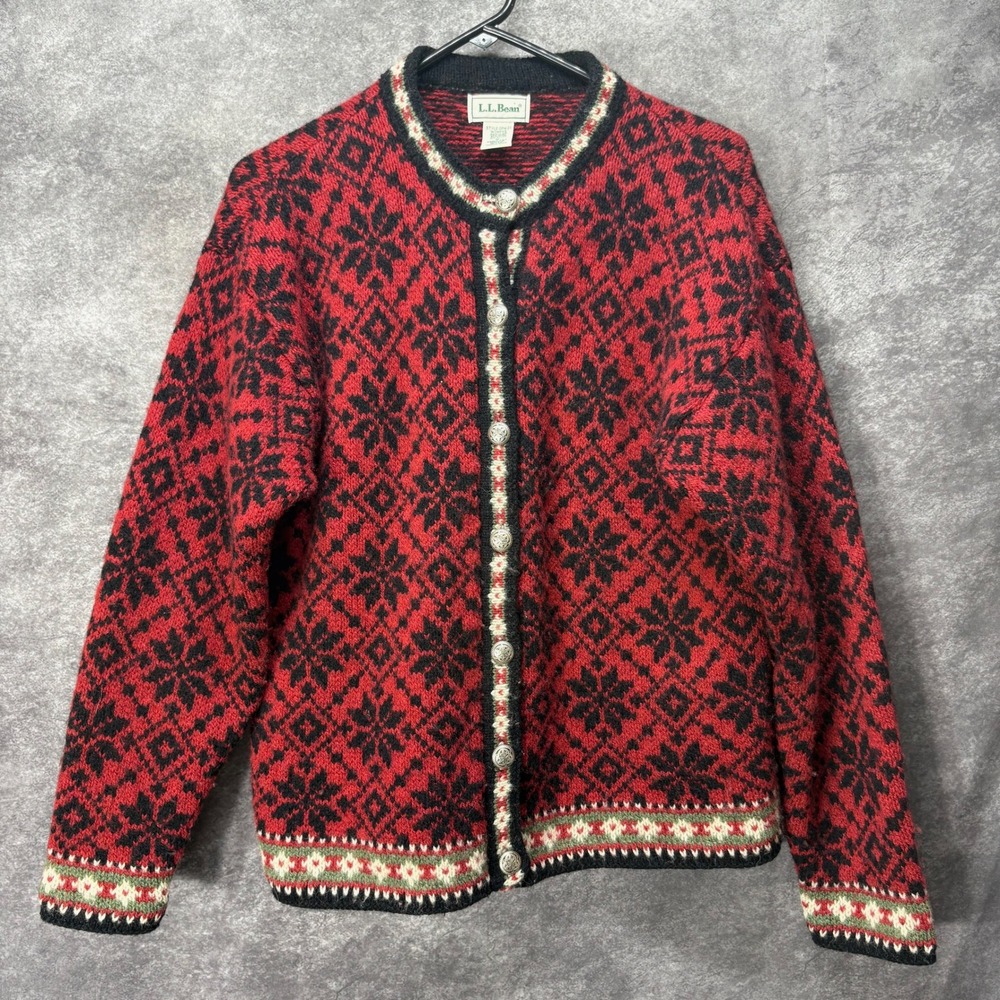 Vintage LL Bean Nordic Cardigan Womens M Red Black Wool Pewter Buttons Snowflake